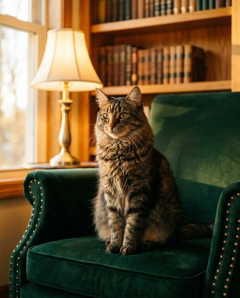 Portrait of a cat settled in a green velvet armchair in a library, warm lamplight