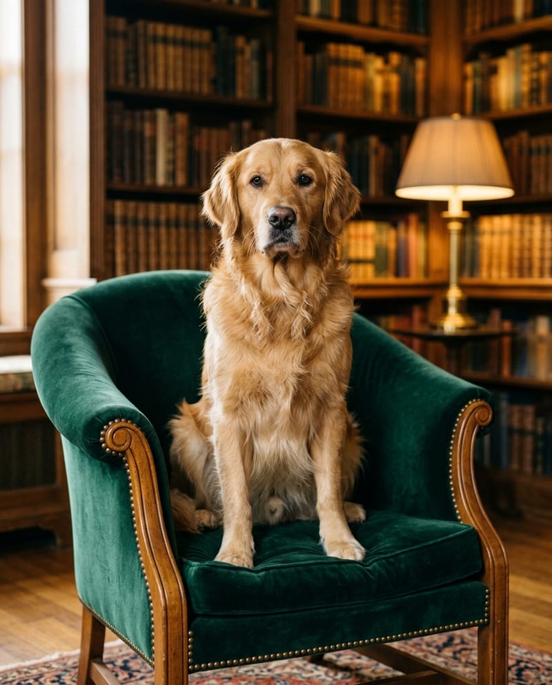 Portrait of a dog settled like a lord in a green velvet armchair, in a library