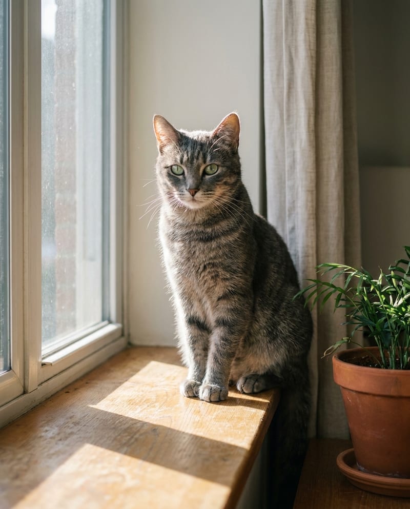 Natural personalised cat portrait: a green-eyed grey tabby sitting on a wooden window sill, low morning light