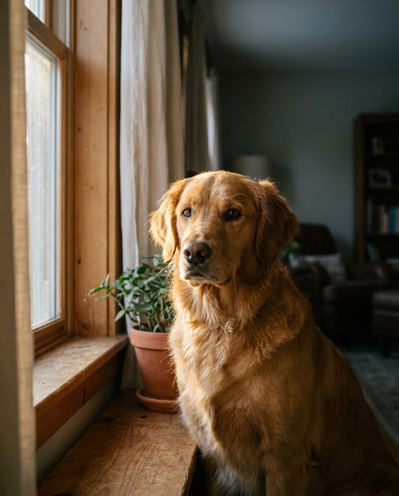 Dog portrait at the window: a golden retriever sitting by a wide wooden sill, in the low morning light
