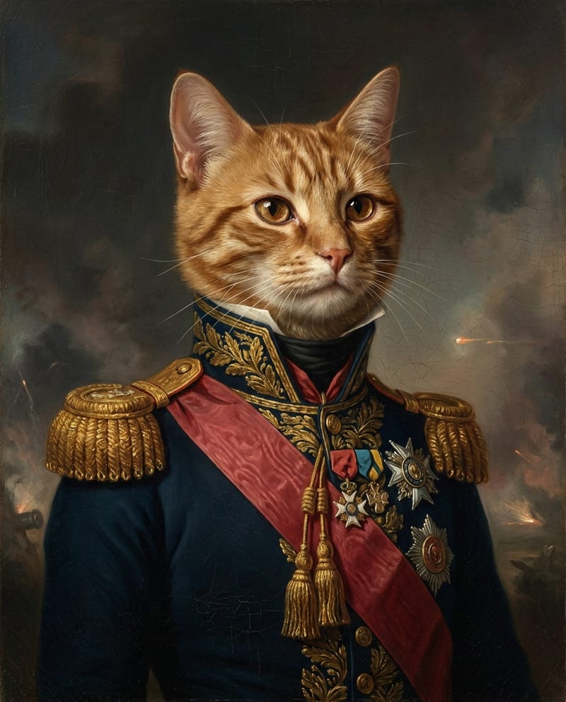 Cat portrait in costume: a ginger cat in a general’s uniform, gold epaulettes and medals