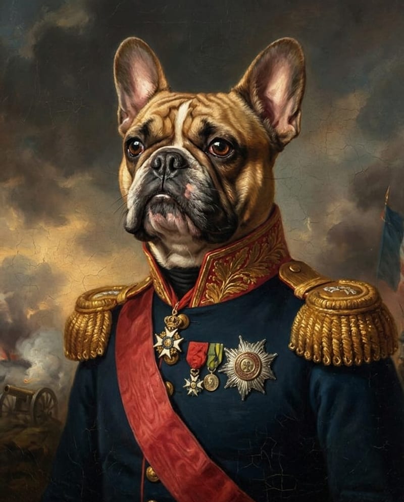 Dog portrait in costume: a French bulldog in a general’s uniform, with medals and epaulettes