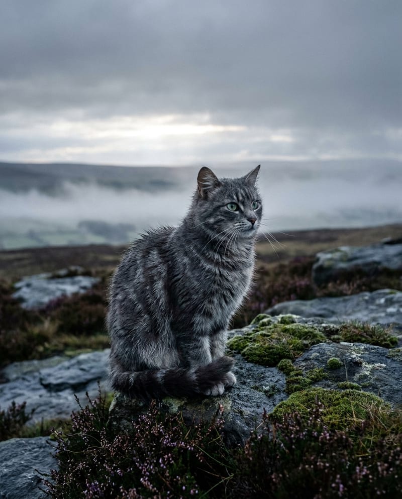 Outdoor cat portrait: a grey tabby on a moss-covered rock, heather moor and mist at daybreak