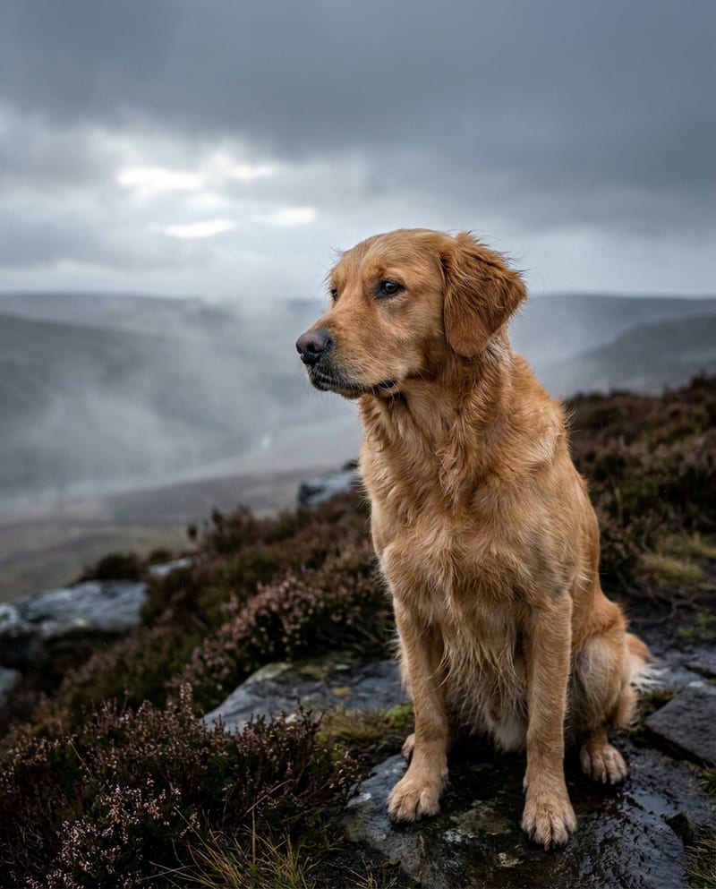 Realistic personalised dog portrait: a golden retriever sitting on a heather moor, low mist and an overcast sky