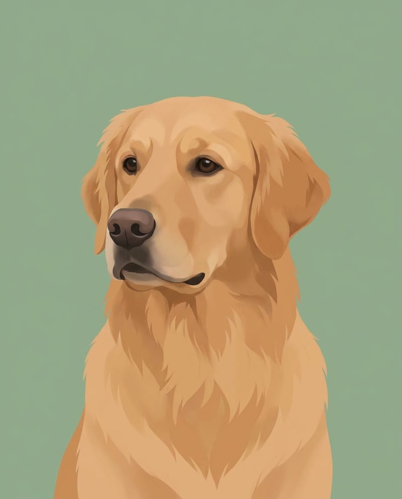 Modern dog portrait: a golden retriever on a flat sage green background