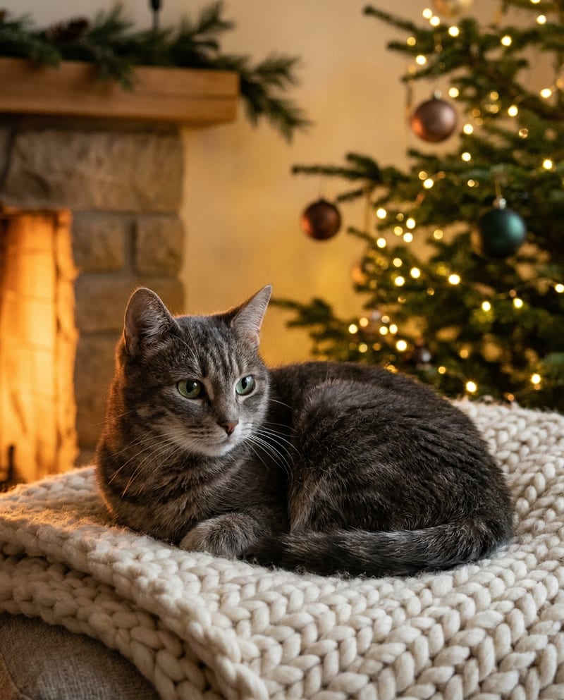 Christmas cat portrait: a grey tabby curled up on a cream wool throw by a lit fireplace, a lit tree in the background