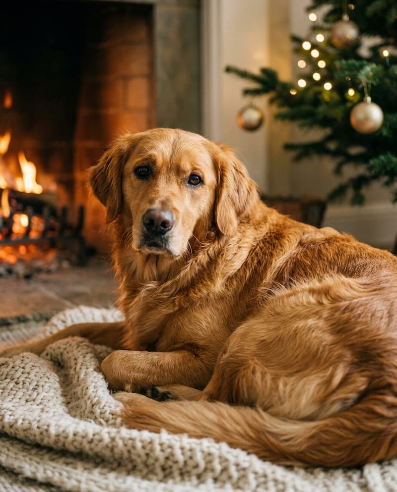 Dog portrait by a lit fireplace: a golden retriever lying on a wool throw, a blurred Christmas tree behind