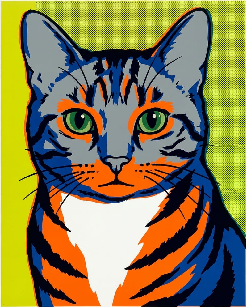 Pop art cat portrait: a tabby in saturated flat colours, screen-print style