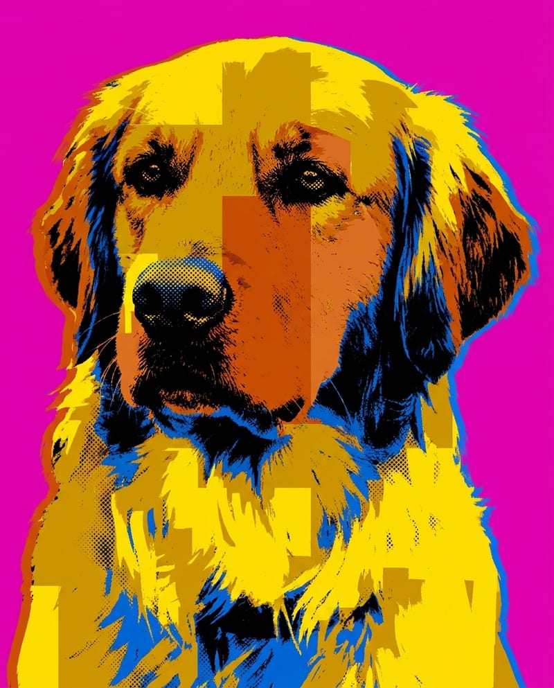 Pop art dog portrait: a golden retriever in saturated flat colours, screen-print style
