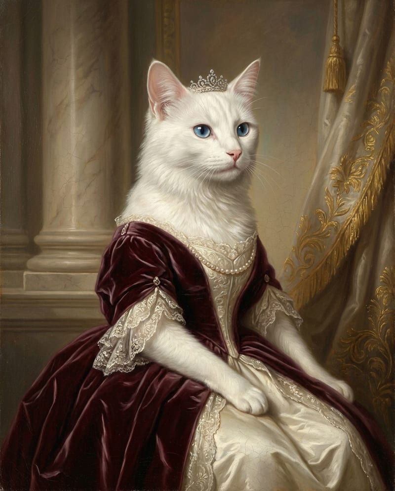 Aristocrat cat portrait: a blue-eyed white cat in a burgundy velvet gown, pearls and a tiara