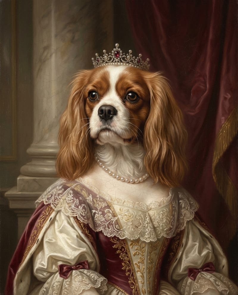 Portrait chien personnalisé aristocrate : cavalier king charles en robe royale et diadème