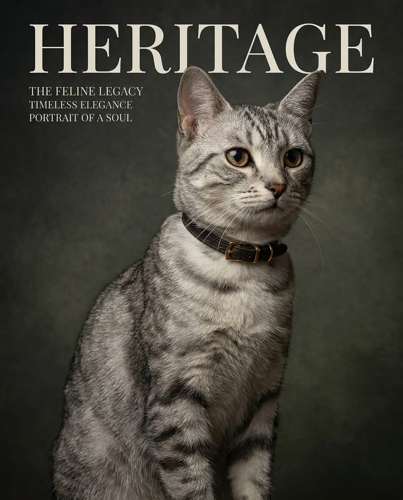 Cat portrait as a magazine cover: a silver tabby photographed in the studio on a dark background