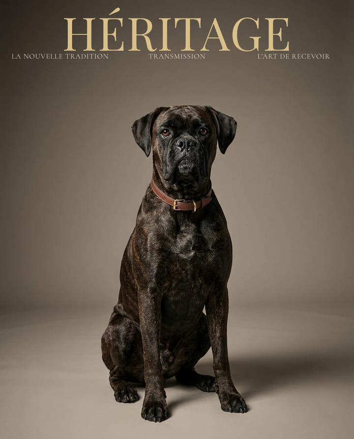 Portrait de chien en couverture de magazine : cane corso photographié en studio, lumière chaude