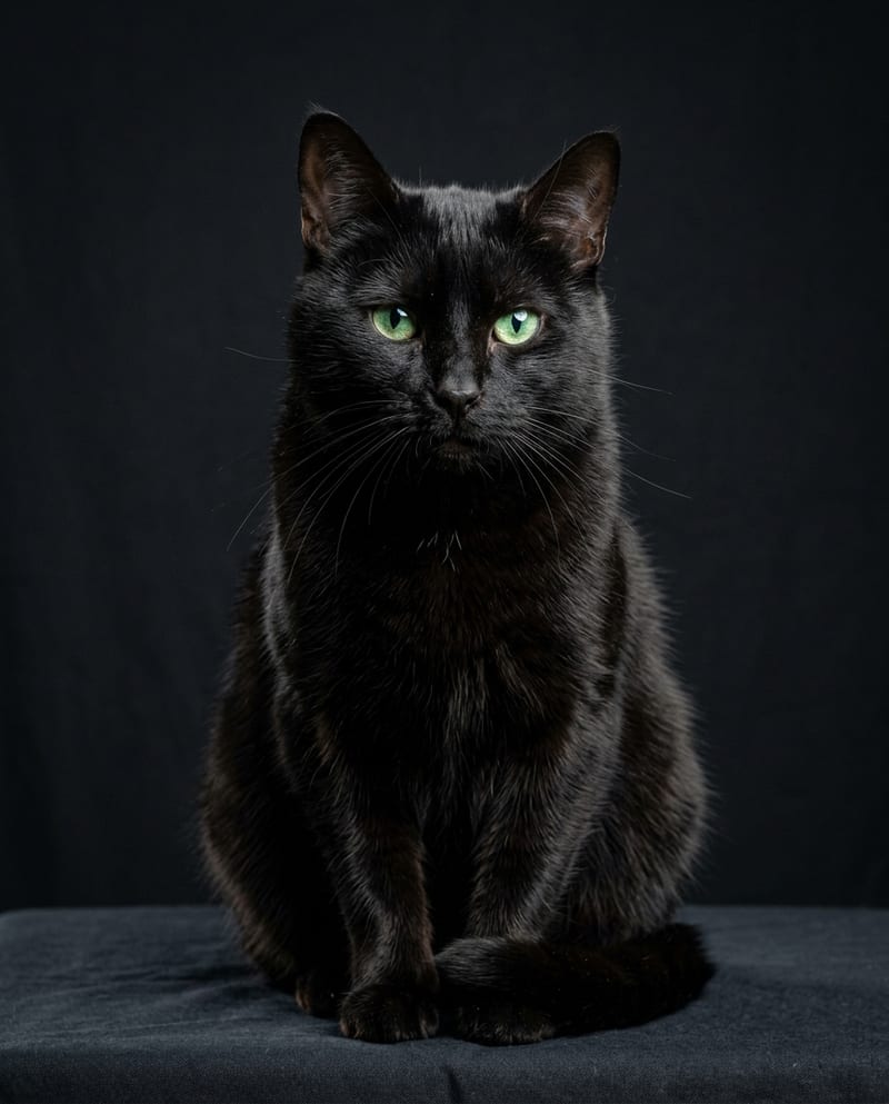 Personalised studio cat artwork: a green-eyed black cat on a dark background, gallery lighting