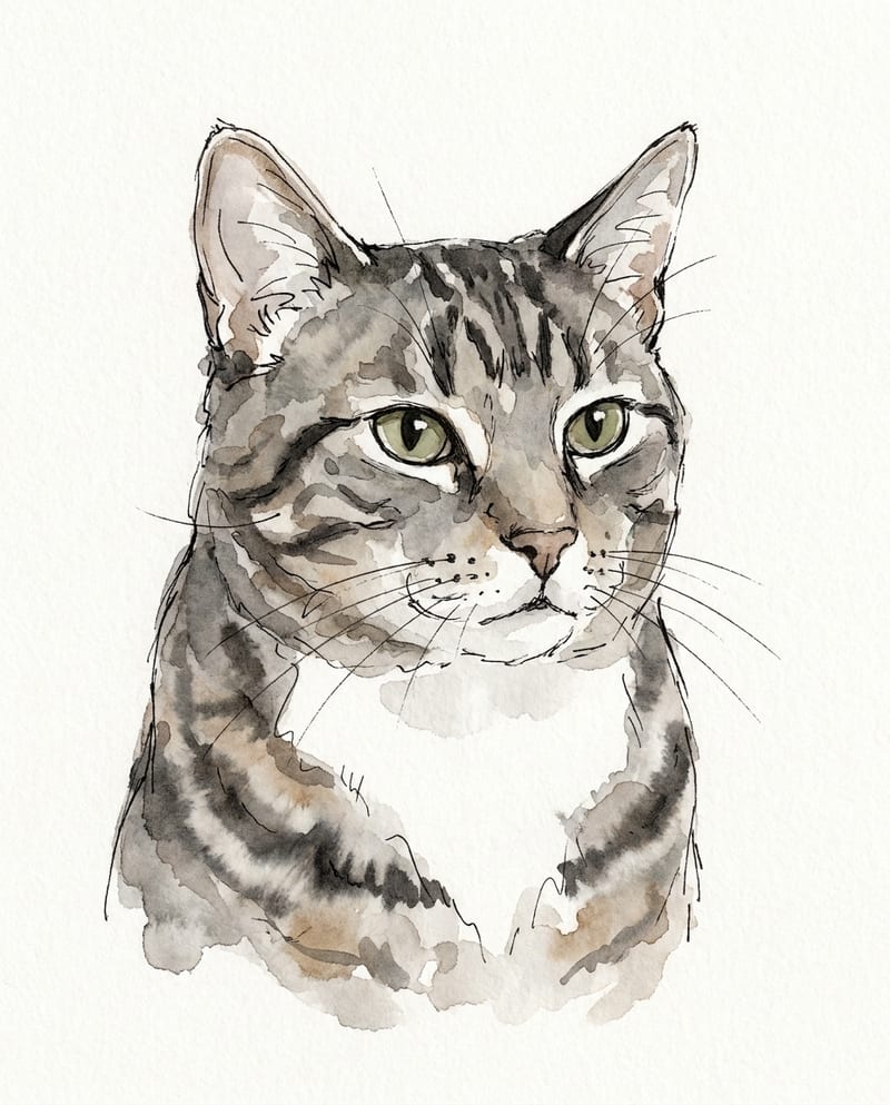 Cat portrait in ink line and watercolour wash: a tabby in free linework on white paper