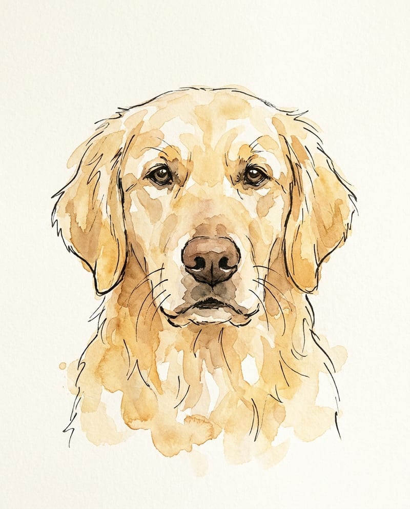 Dog portrait in ink line and watercolour wash: a golden retriever in free linework on white paper