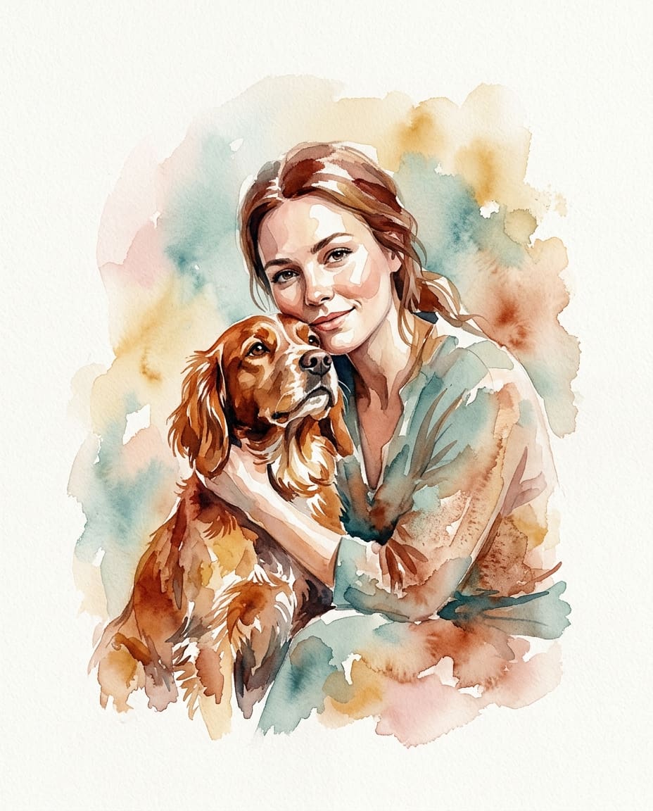 Personalised watercolour dog portrait: a spaniel in its owner’s arms