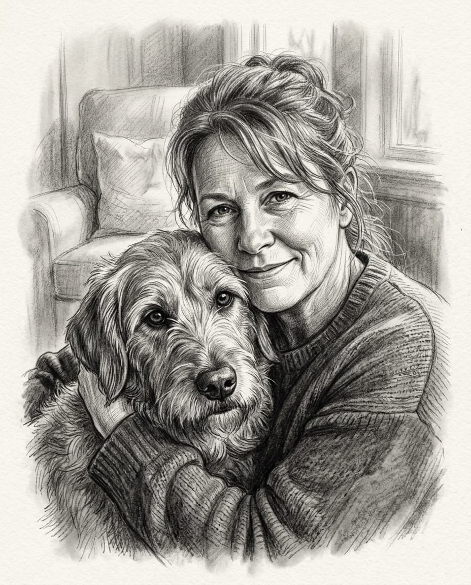 Dog portrait in pencil and charcoal, cheek to cheek with its owner