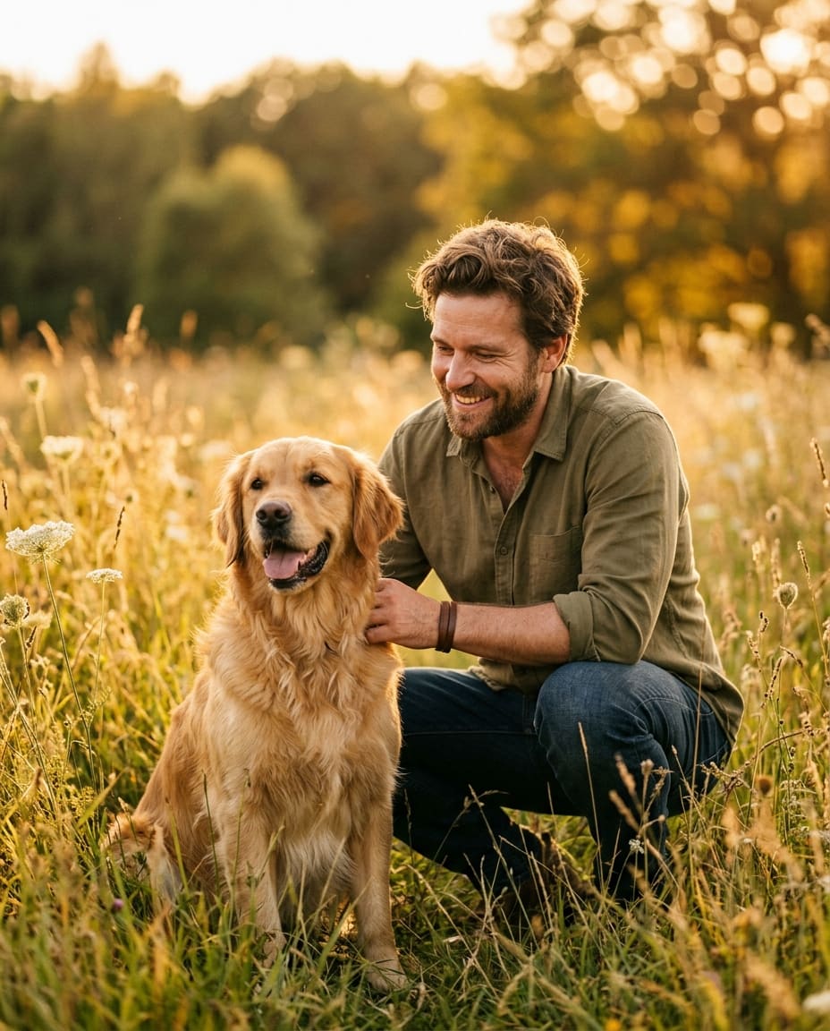 Portrait of a dog and its owner in a field in the golden evening light, a golden retriever