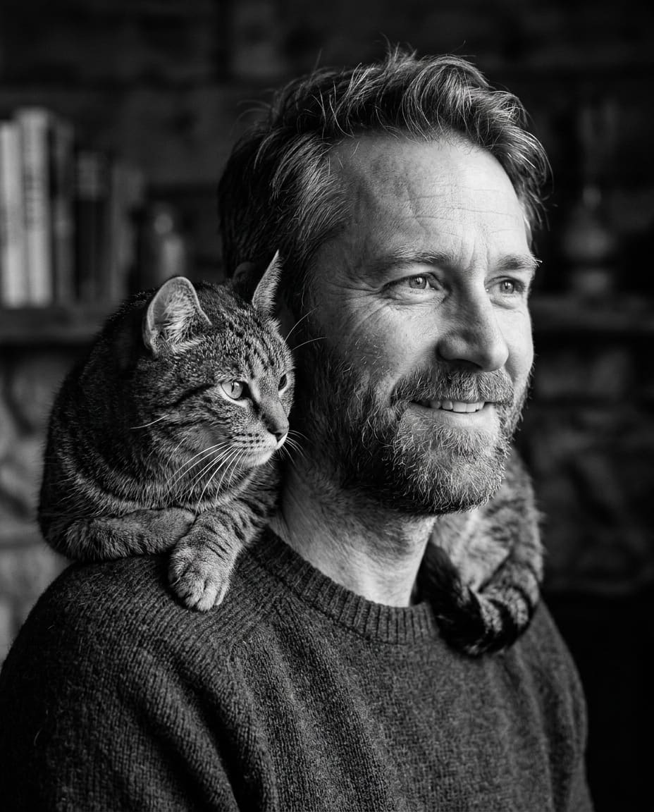 Black and white portrait of a tabby cat perched on its owner’s shoulder