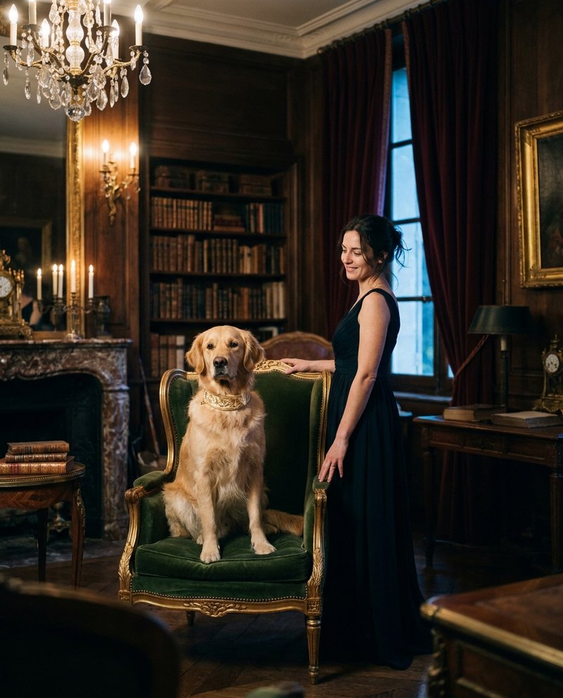 Portrait of a dog and its owner in a castle library, a golden retriever in a green armchair