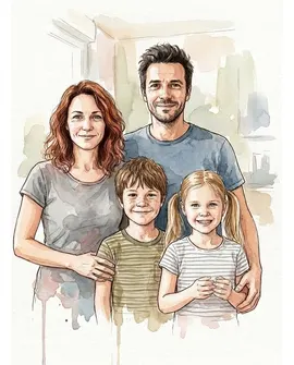 Example of a personalised family portrait in watercolour and ink