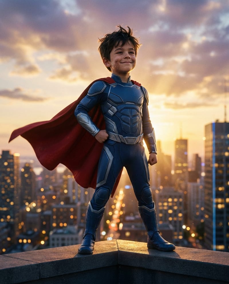 Portrait of a child turned into a superhero above the city, framed