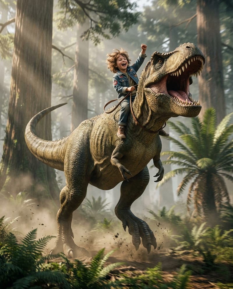 Child portrait, Riding a T-Rex universe