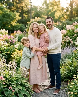 Example of a Realistic Portrait, a family in a garden in bloom
