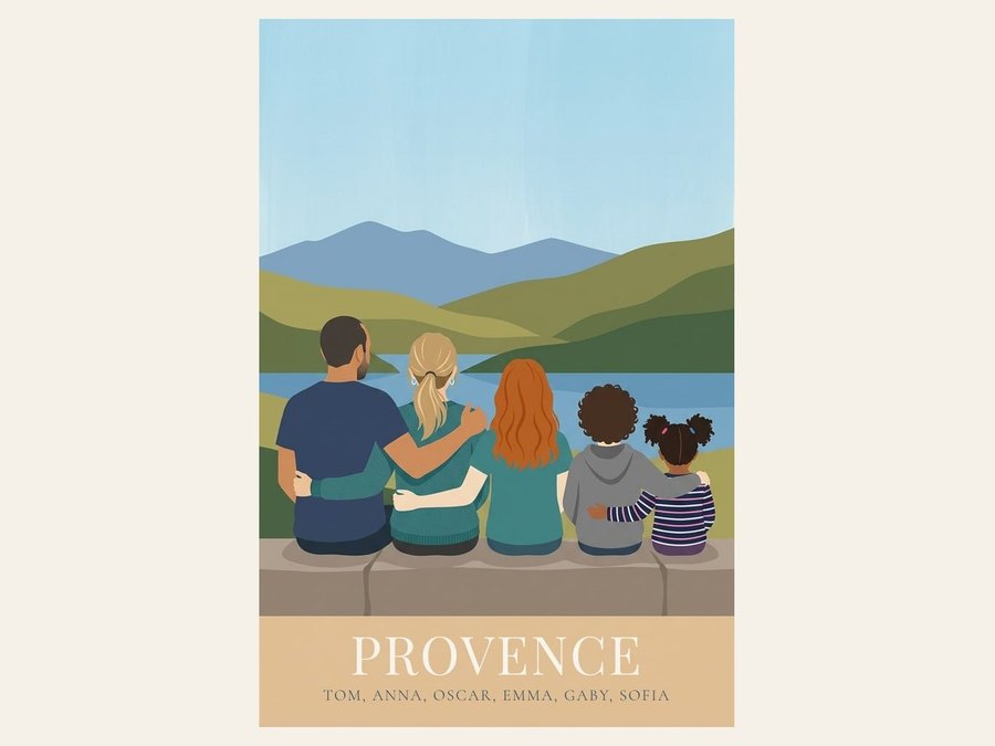 Family-from-behind poster: five figures facing the mountains, titled “Provence”