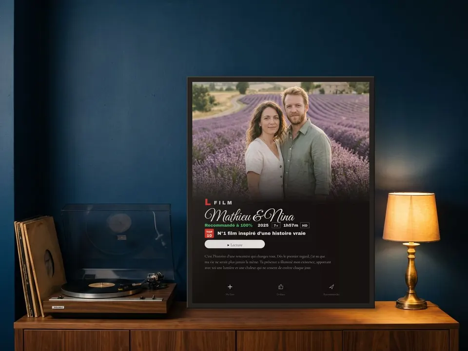 Personalised film-style poster, “Mathieu & Nina”, in a black frame on a walnut sideboard against a midnight-blue wall, between a record player and a lit lamp
