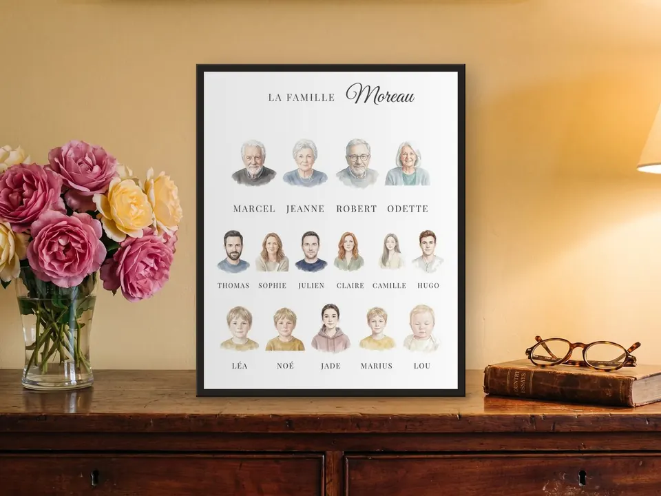 Family tree “La famille Moreau”, portraits by generation with first names, in a black frame on an antique chest of drawers, with a vase of roses and glasses on an old book