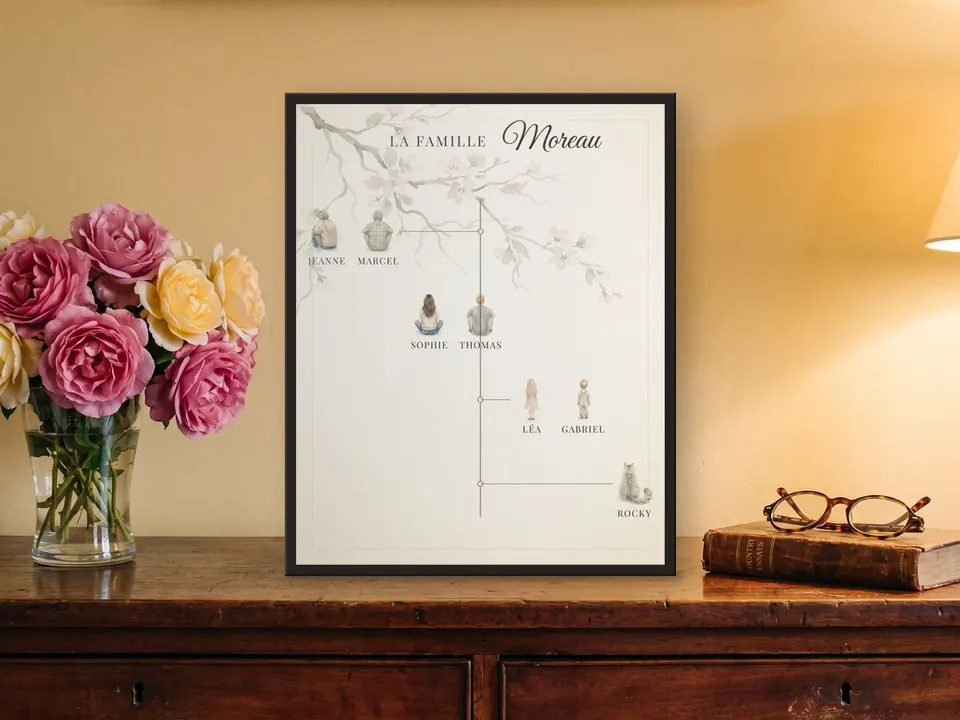 Family tree “La famille Moreau”, silhouettes seen from behind with their first names under a blossoming cherry branch, in a black frame on an antique chest of drawers, with a vase of roses and glasses on an old book