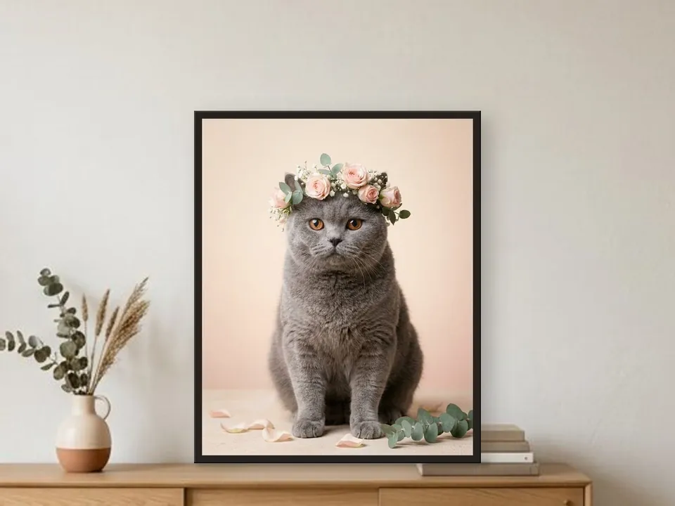 Portrait of a grey cat wearing a crown of roses, in a black frame on a console