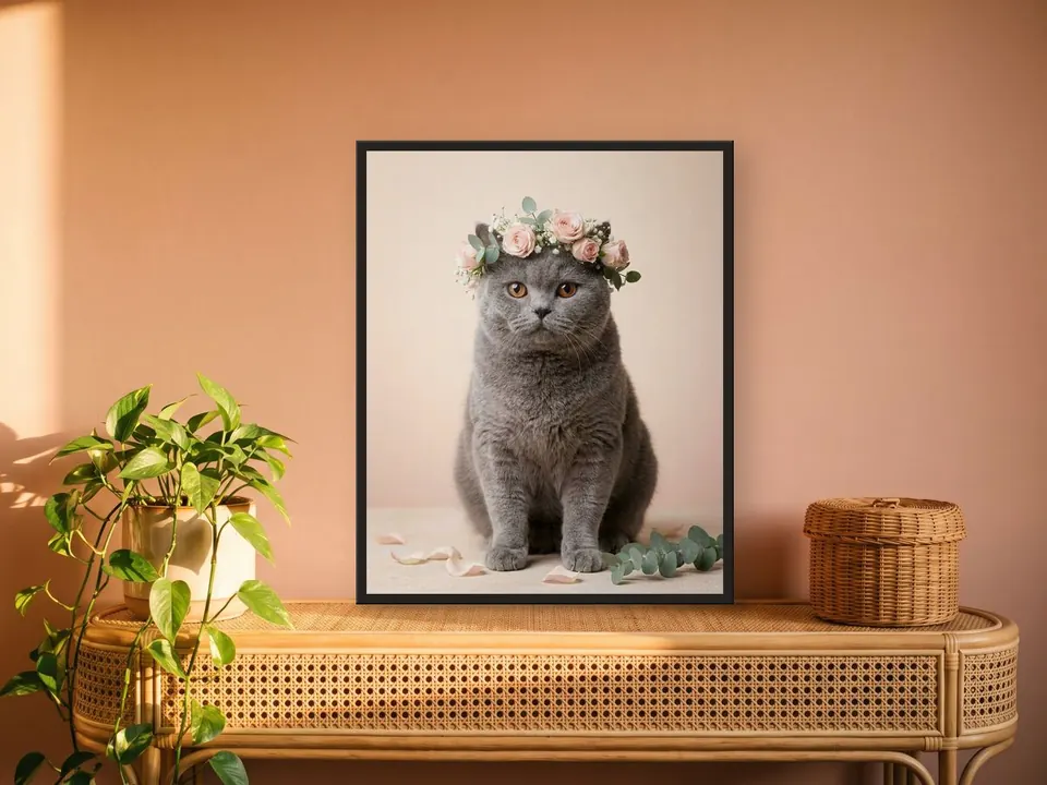 Portrait of a grey cat wearing a flower crown, in a black frame on a rattan console against a terracotta pink wall, with a plant and a wicker basket