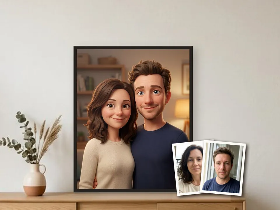 Animation-style portrait of a couple in a black frame on a console, with the two original photos beside it