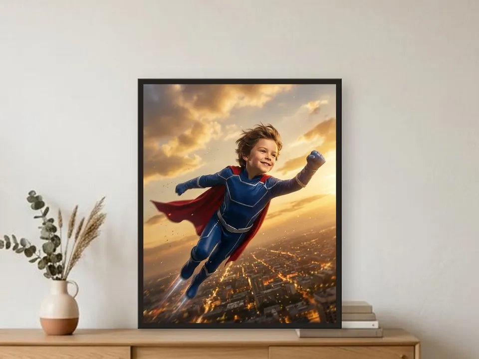 Child portrait as a superhero with a red cape against a golden sky, in a black frame on a console