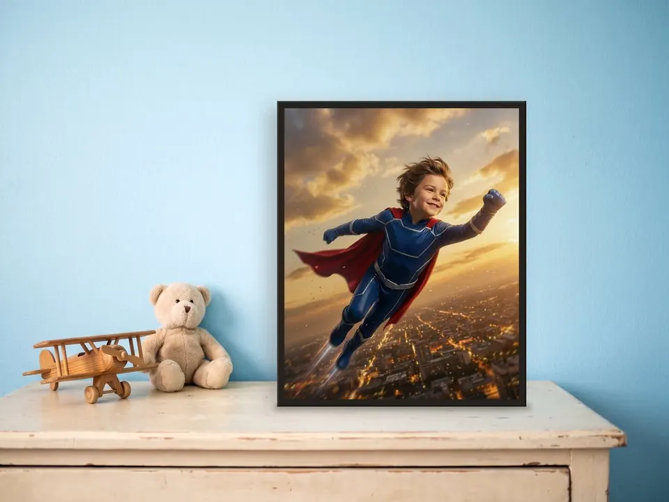 Child portrait as a superhero, in a black frame on an off-white chest of drawers against a sky blue wall, with a wooden toy plane and a plush bear