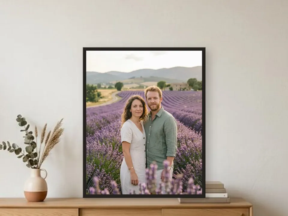 Realistic portrait of a couple in a lavender field, in a black frame on a console