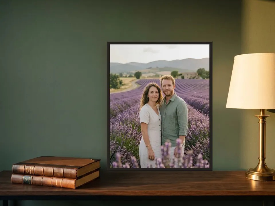 Realistic portrait of a couple in a lavender field, in a black frame on a walnut console against a sage green wall, with two art books and a brass lamp